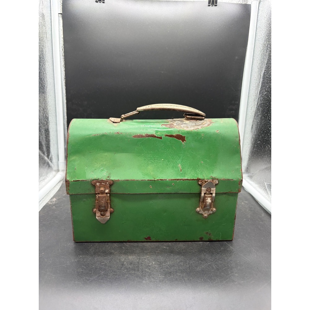 Vintage Green Metal Dome Top Lunch Box Rustic Industrial Star Detail Storage